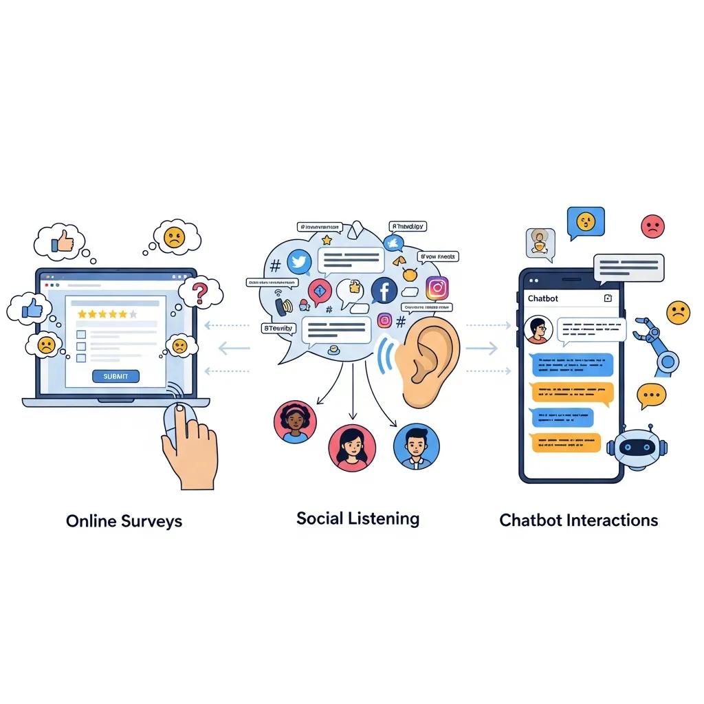 Diagram illustrating survey, chatbot, review, and social listening feedback channels
