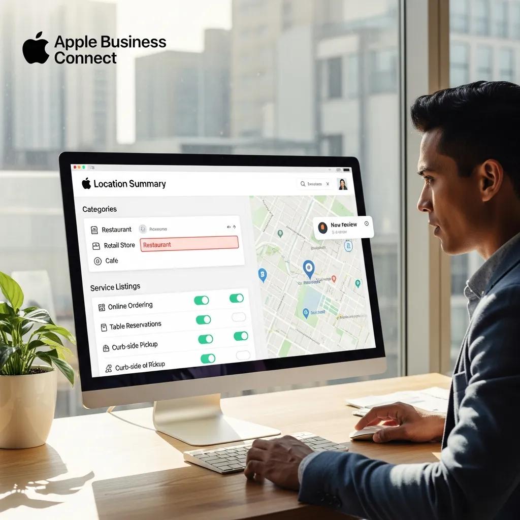 Business owner updating their Apple Business Connect profile on a laptop in a modern office