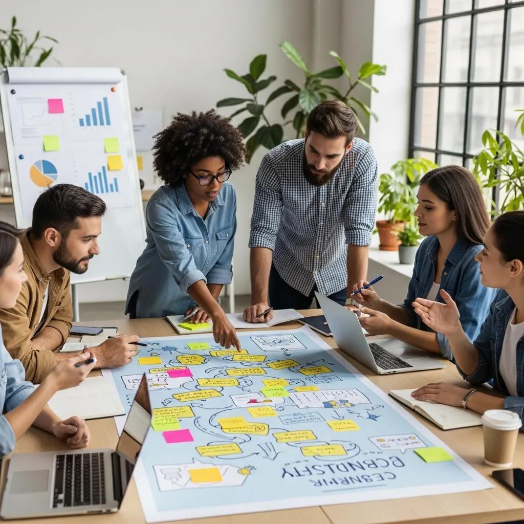 Diverse small business owners collaborating on a customer journey map, showcasing teamwork and innovation