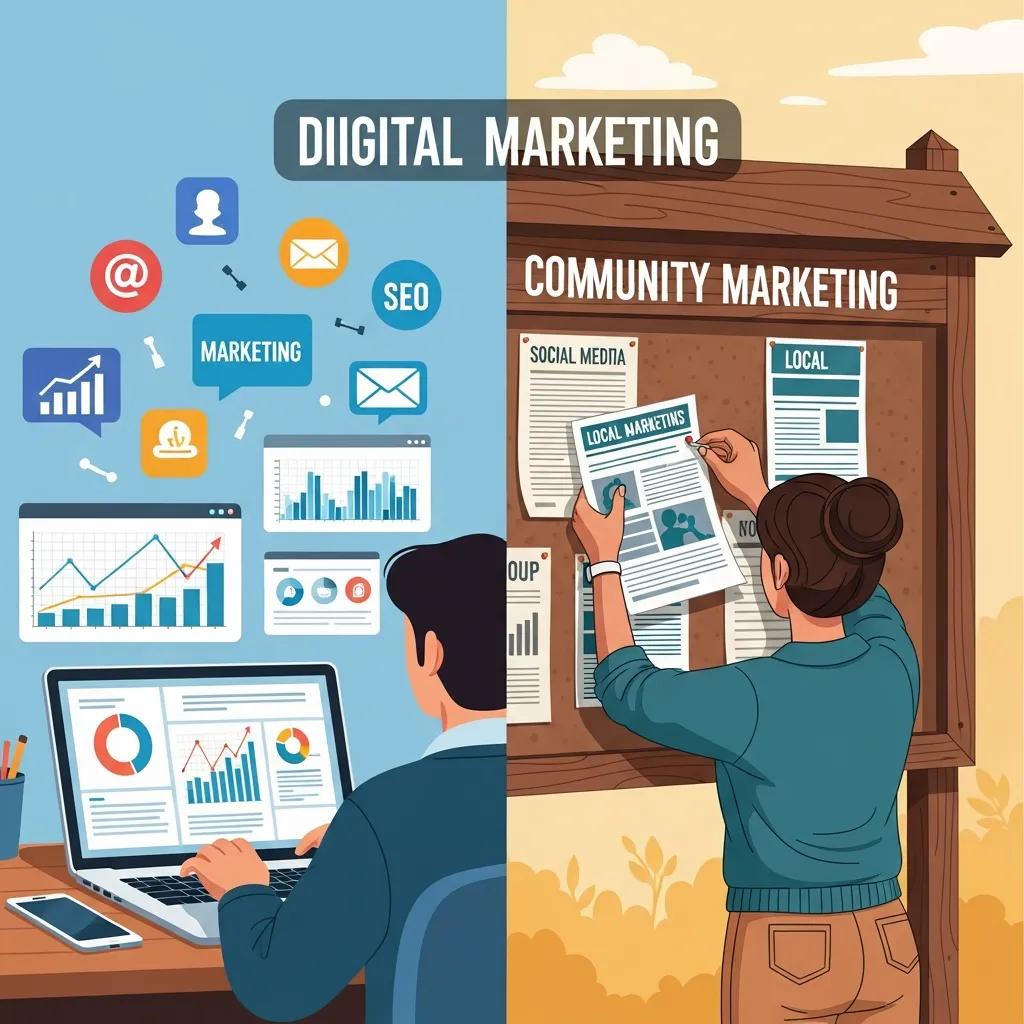 Graphic showing data-driven online targeting contrasted with broad community reach in offline marketing.