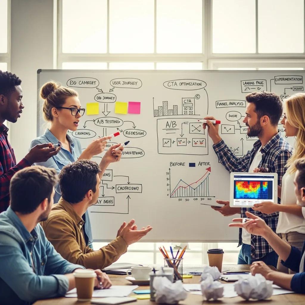 Marketing team planning conversion experiments and landing page improvements on a whiteboard