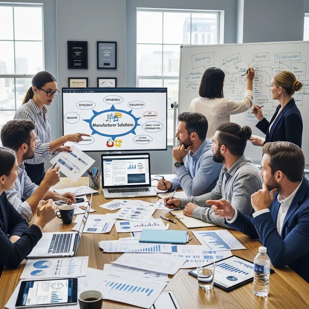 Marketing team collaborating to design tailored solutions for manufacturing clients