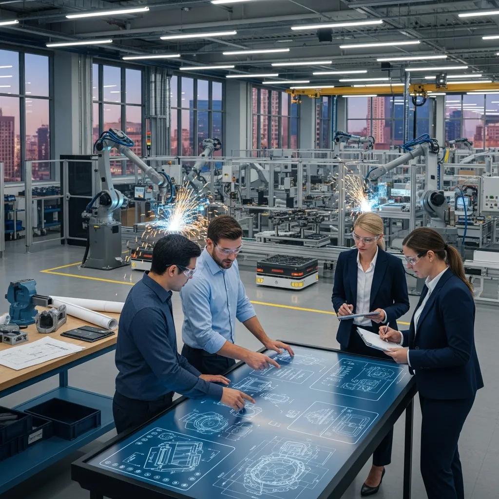 Modern manufacturing facility with engineers collaborating on technical specifications