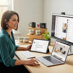 Small business owner engaging with customers through digital brand communication channels