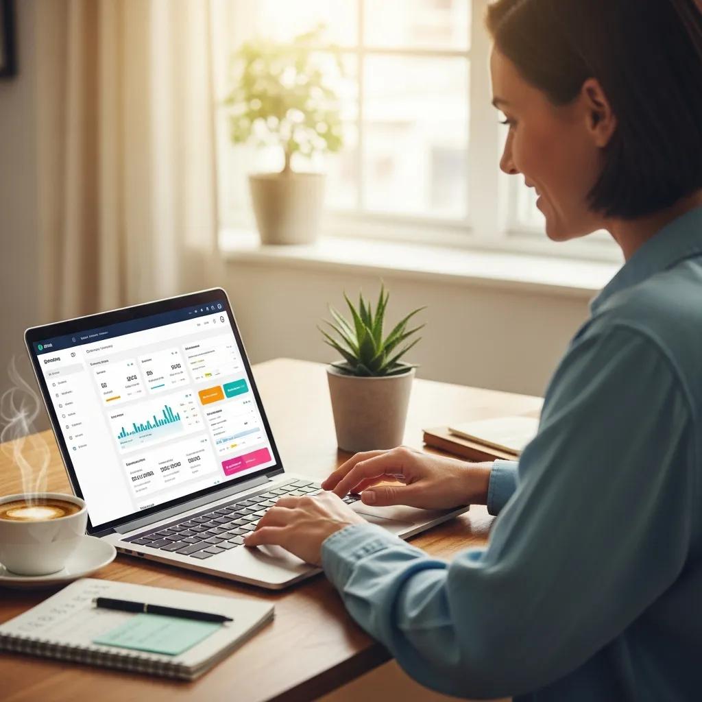 Small business owner using marketing automation software in a cozy office