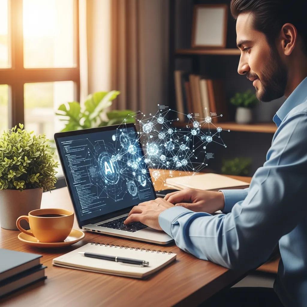 Small business owner utilizing AI tools for SEO in a cozy office environment