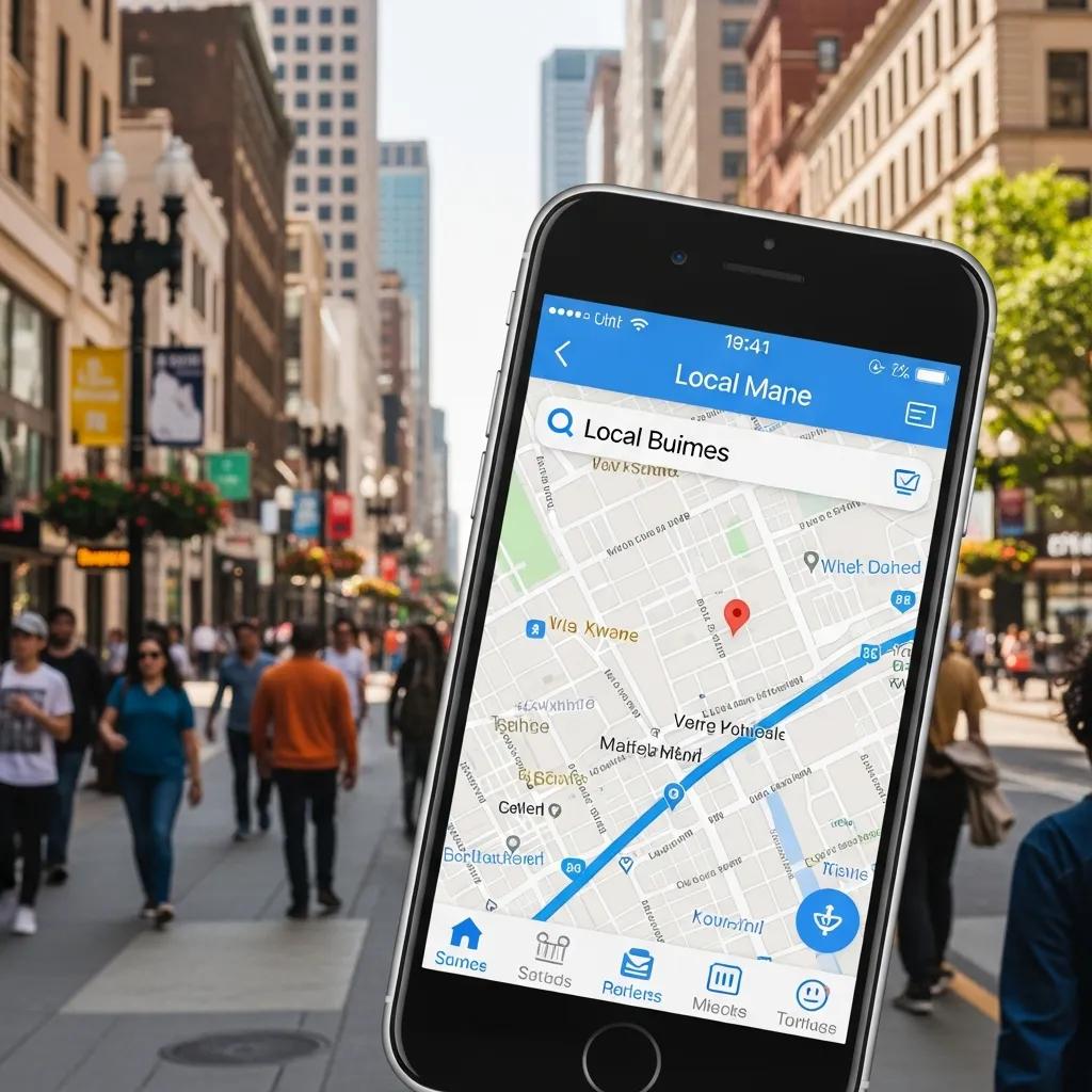 Smartphone displaying Apple Maps with a highlighted local business in a busy city street