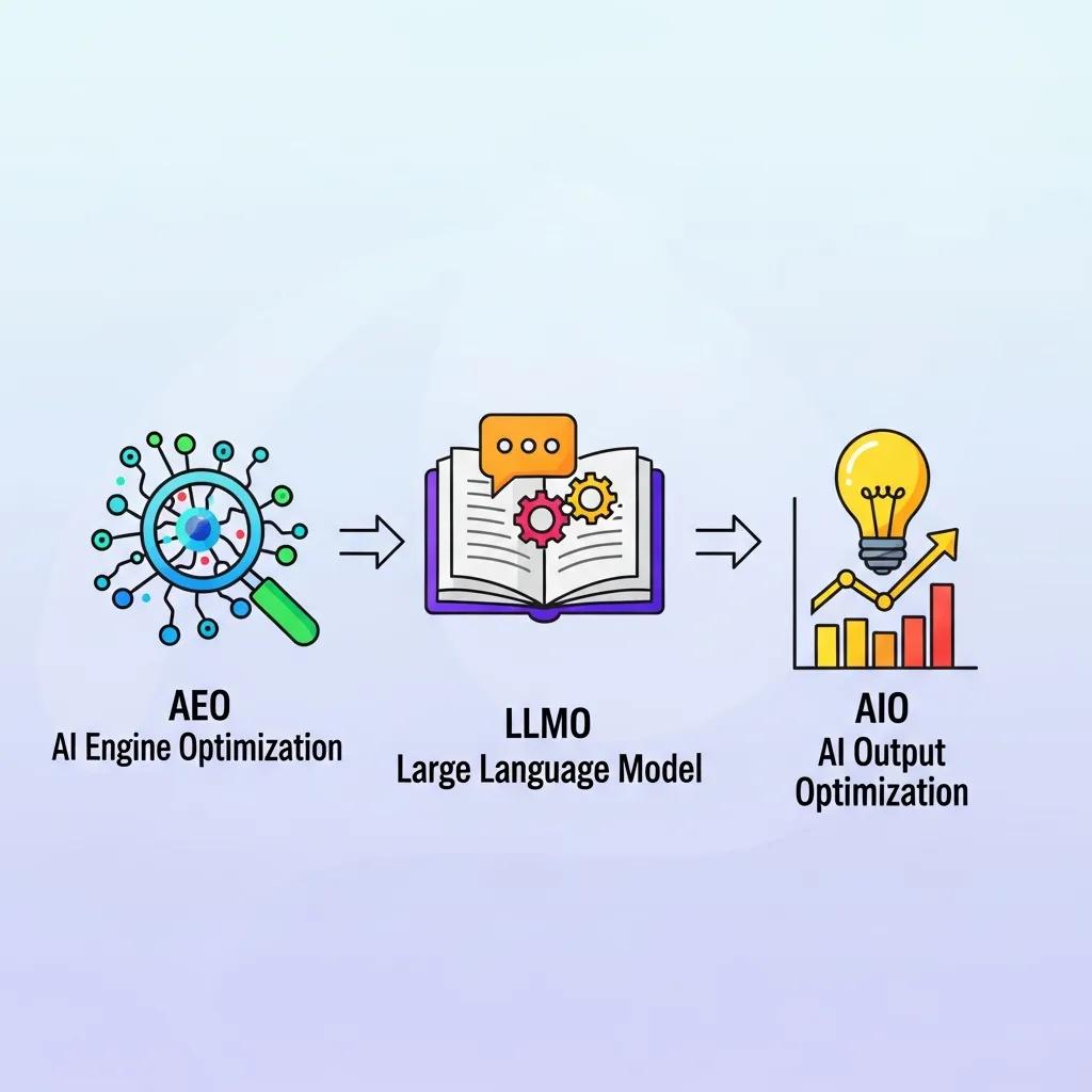 Diagram showing AEO, LLMO, and AIO optimization services