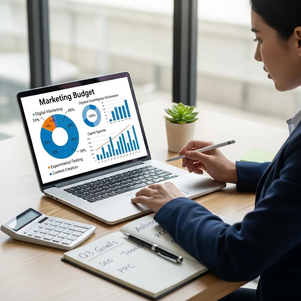 Laptop with budget charts and a person calculating marketing expenses.